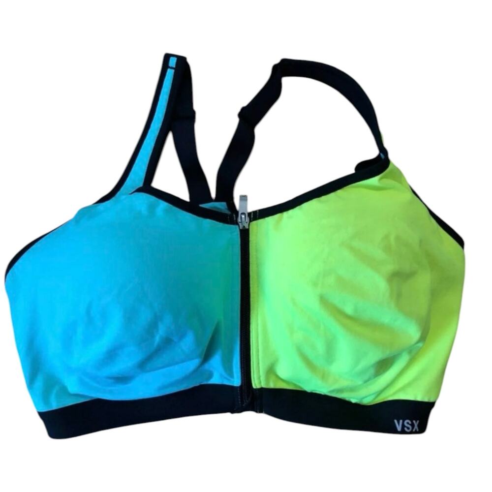 2010s VSX Sport Colorblock Front Zip Sports Bra 36DD Neon Blue
